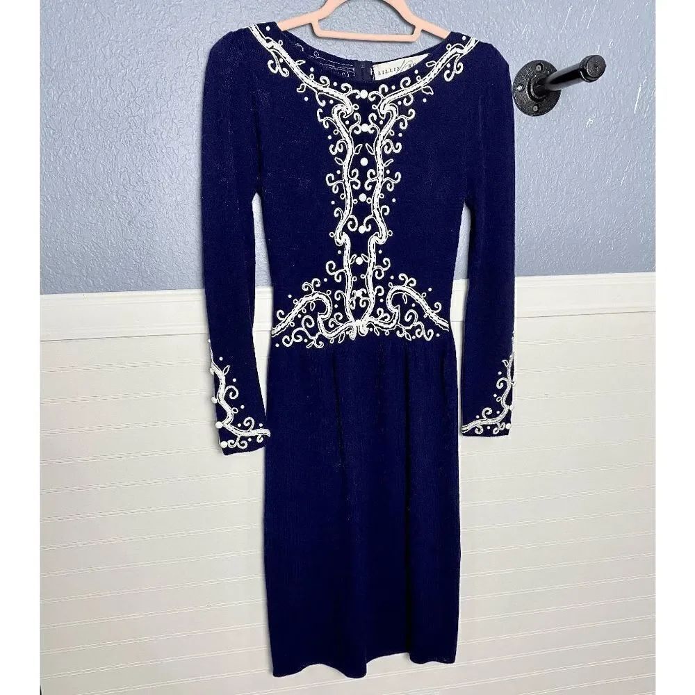 Lillie Rubin Vintage Blue Wool Dress with White Soutache Embroidery